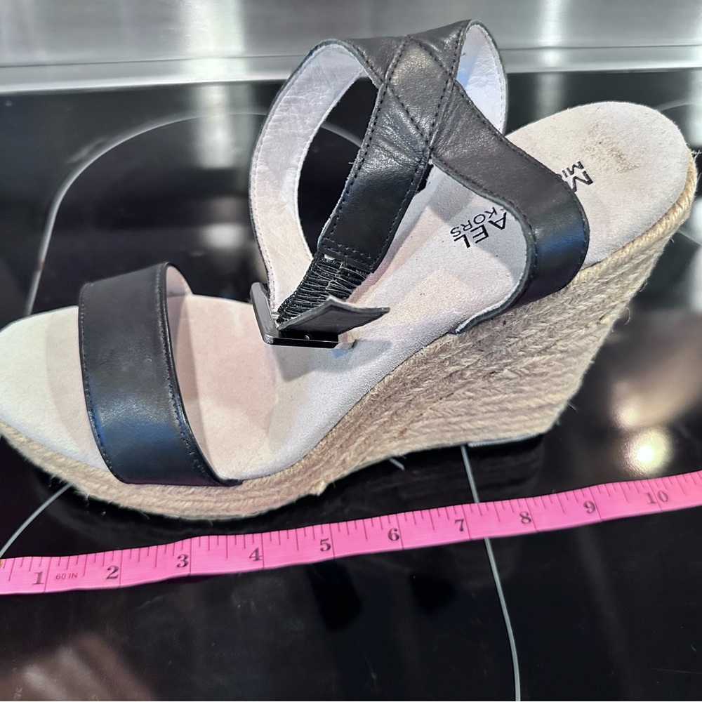 Michael Kors Jill Woven Rope Jute Wedge Black Leather Sandal Platform Size 9 - Picture 4 of 16